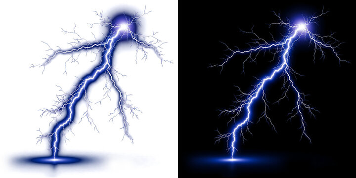 A bright blue electric lightning bolt crackles and branches out intensely with a powerful energy discharge depicted against a dark background transparent background