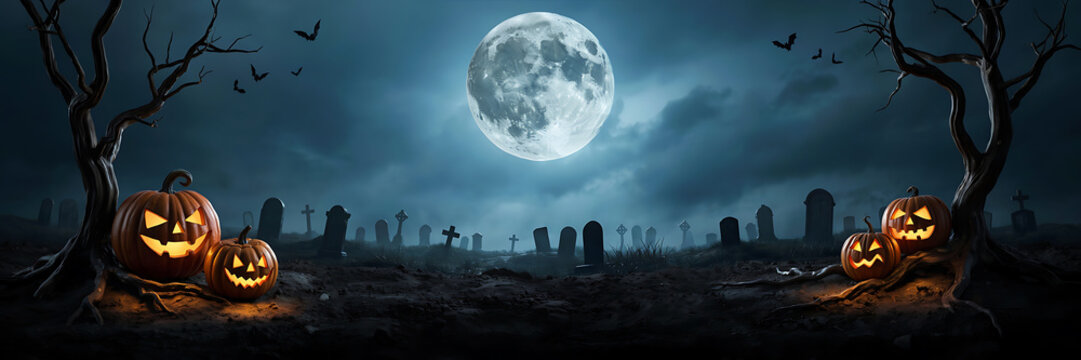 Spooky halloween graveyard scene at night with glowing jack-o-lanterns in the foreground under a large full moon and dark silhouette of tombstones