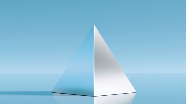 Reflective silver pyramid standing upright on smooth blue surface with clear gradient sky background minimalistic geometric shape modern design concept