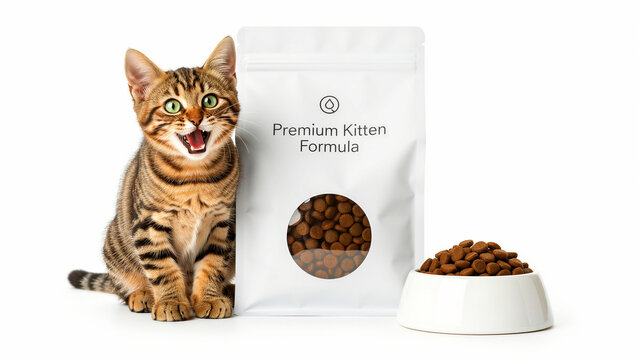 Tabby kitten meowing next to a bag of cat food and a full bowl. Young cat looking hungry beside premium formula packaging on white background. Pet nutrition concept for animal health marketing.