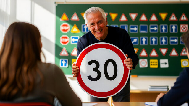 Senior instructor holding speed limit sign. Teacher explaining traffic rules in classroom. Road safety education concept for driver licensing.