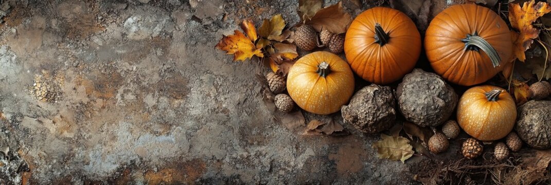Autumn Harvest Flat Lay Decoration With A Group Of Pumpkins Acorns And Dried Leaves Composition.