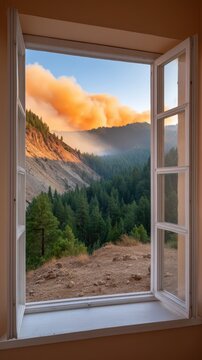Forest wildfire view through an open window at sunset