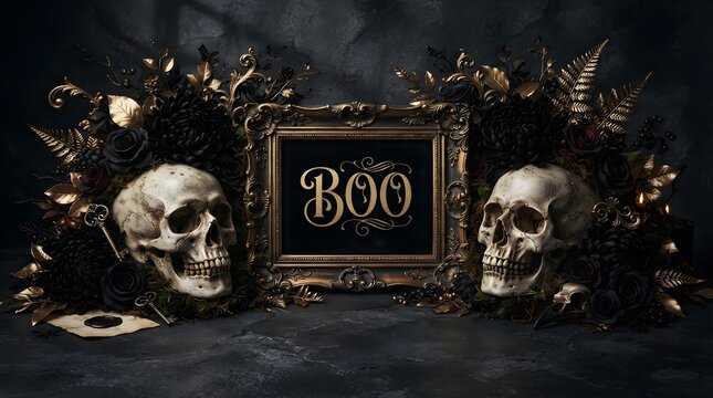 Gothic halloween decor with skulls and gold accents