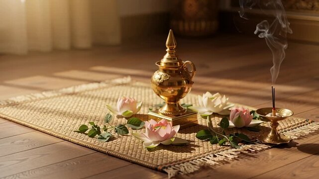 Papankusha Ekadashi ritual setup with brass kalash and lotus flowers