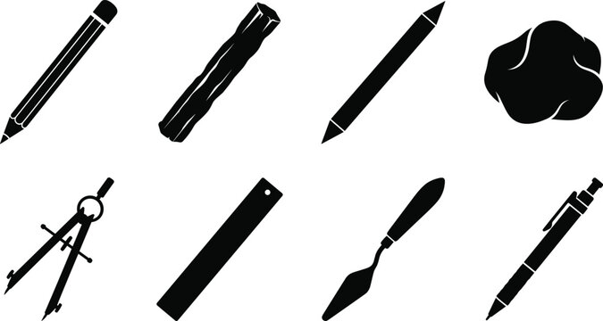 Essential Stationery and Drafting Tools Black Silhouette Vector Icon Collection for Creative Design