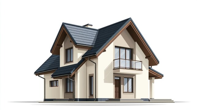 Villa architecture displays modern luxury with pitched rooflines and clean aesthetic lines on a plain white backdrop set.