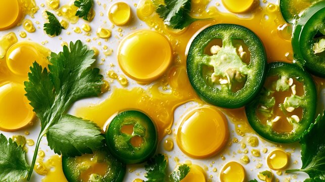 A macro flat lay of mango juice droplets glistening around jalape&ntilde;o slices and cilantro leaves with rich food photography detail