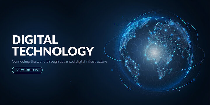 Digital technology banner with a glowing wireframe globe, interconnected nodes, and data network lines on a dark blue background, for global business