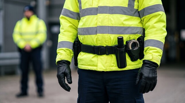 Security officer wearing high visibility jacket utility belt with handcuffs flashlight and firearm holster stands guard with another officer blurred in the background security guard law enforcement