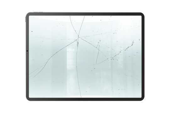 tablet on a transparent background in PNG format with a broken glass effect
