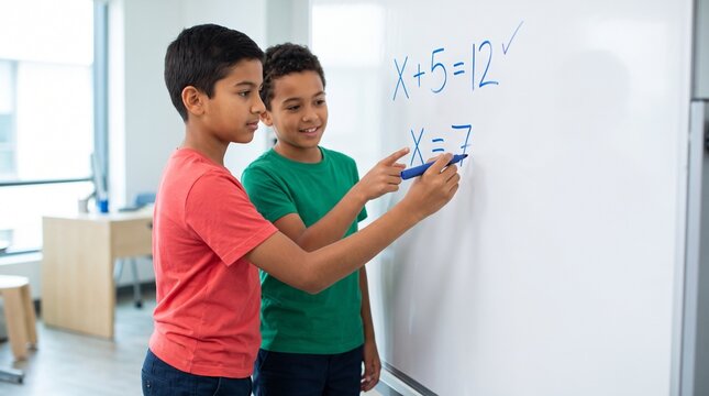 Two young students writing math equations on a whiteboard in a NO NAME image file, for collaborative learning concepts.