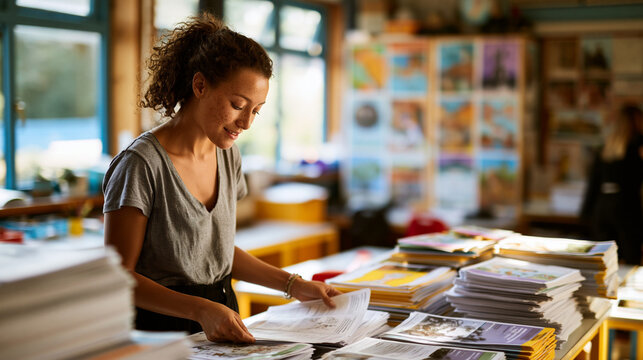 Young teacher preparing educational worksheets. Female educator organizing school papers.