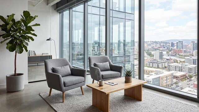 Modern apartment living room interior with cozy armchairs and large windows overlooking the city skyline view during daytime