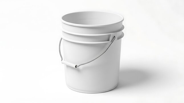 A single empty white plastic bucket with a metal handle for household cleaning chores or construction work standing in a bright studio environment. 5 gallon bucket