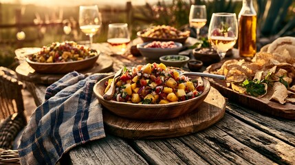 Obraz premium A rustic outdoor summer lunch flat lay with mango salsa served on wooden platters atop a weathered farmhouse table under golden-hour sunlight