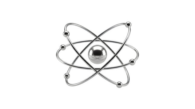 Abstract metallic atom model with orbiting electrons on a white background symbolizing science and research