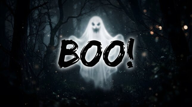Spooky ghost with boo text in a dark forest