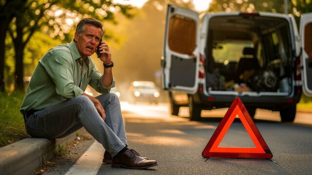 Stressed man calling for assistance by a broken-down van. Driver sitting on curb with a warning triangle at sunset. Breakdown service concept, ideal for insurance and repair marketing.