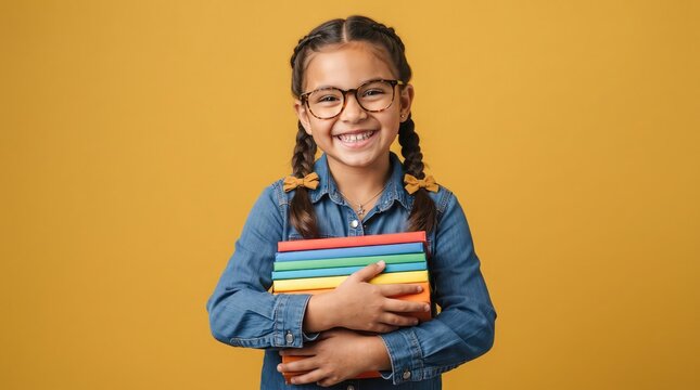 A happy young girl wearing glasses holding a stack of colorful books against a bright yellow background