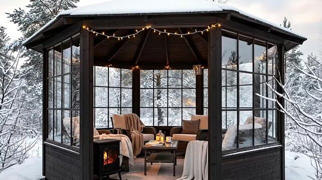 Cozy winter gazebo with string lights, fireplace, and comfortable seating in a snowy forest.
