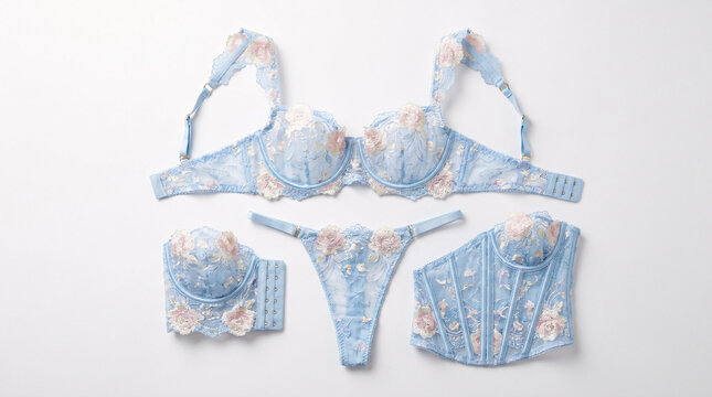 Set of blue floral lace lingerie pieces with matching accessories displayed.