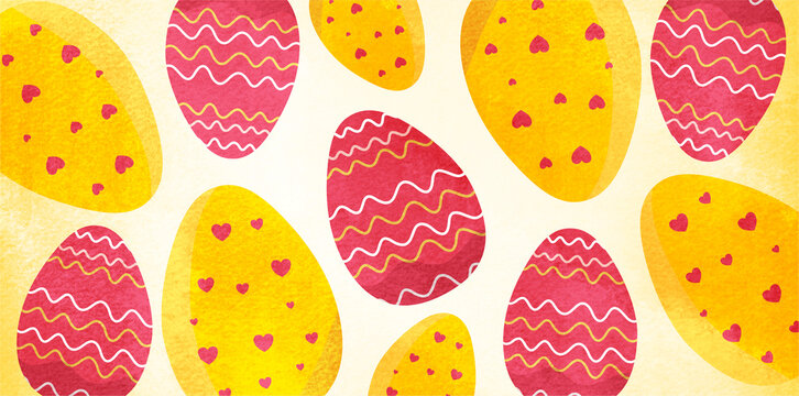 decorative easter eggs arranged on yellow background pattern