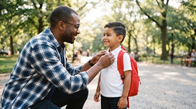 A loving african american father helps his young son adjust his backpack before his first day of school