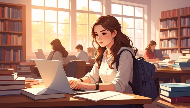Young woman studying in a bright library setting.