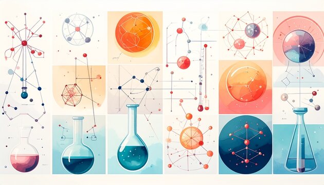 Colorful Scientific Illustrations with Atomic and Chemical Elements.