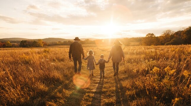 A happy family walking together through a golden field during a beautiful sunset in the summer evening