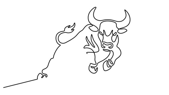Animated self drawing of Continuous single line drawing of an angry bull jumping isolated on a white background. Full length one line animation. 4K video 