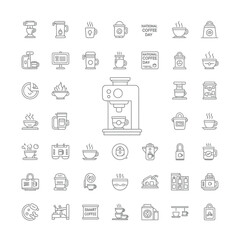 Fototapeta premium Diverse collection of modern line art coffee icons, perfect for cafe menus, beverage branding, and digital design projects, featuring various brewing machines, cups, mugs, and breakfast elements