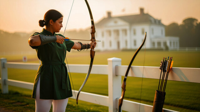 Woman aiming bow and arrow in outdoor field at sunset. Female archer in green tunic practicing near historic mansion. Precision and focus concept, ideal for sports training and discipline themes.