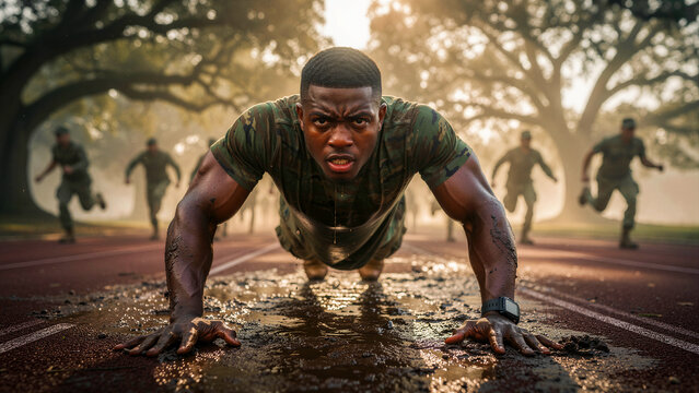 Black soldier doing push-ups in mud. Military training drill with recruits at sunrise. Endurance theme for fitness and recruitment media.
