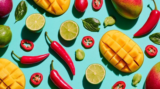 A vibrant tropical composition with mango salsa ingredients scattered diagonally across a pastel turquoise background with crisp shadows and refreshing summer colors