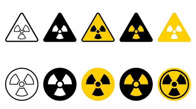 Create a premium radiation hazard warning icon collection featuring 10 universally recognized radioactive warning symbols in a clean, modern flat vector style. Design each icon with precise geometric 