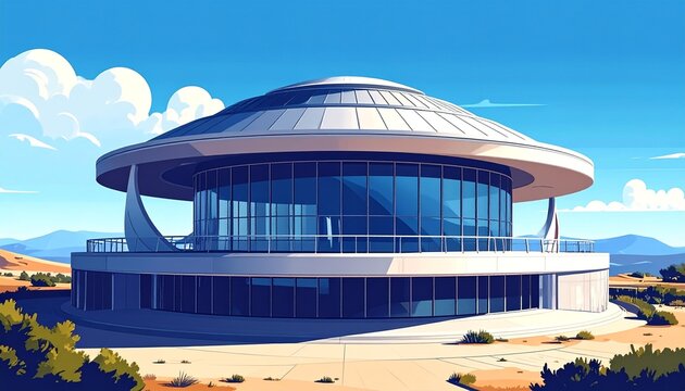Futuristic Circular Building in Desert Landscape.