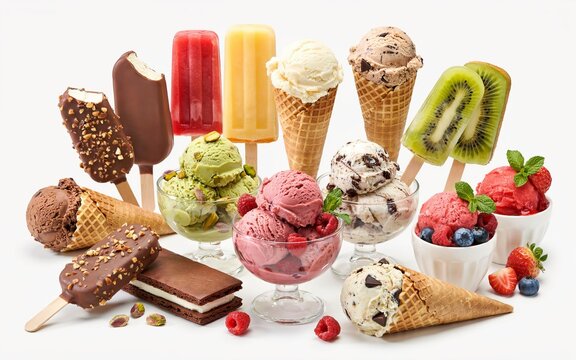 Assorted ice cream scoops, waffle cones, popsicles, and fruit sorbets