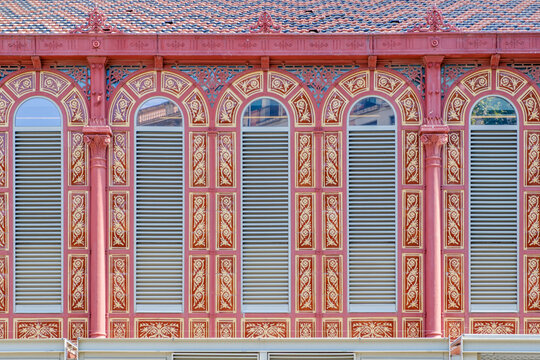 Sant Antoni Market Facade Details (Mercat), Barcelona, Red Wrought Iron Windows, Decorative Ceramic Tiles