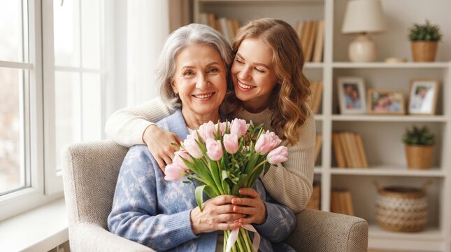 A young woman giving a beautiful bouquet of pink roses to her happy elderly mother at home