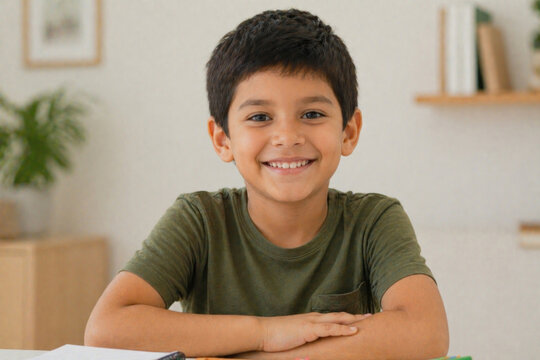 Happy Young South American Boy Smiling at Camera, Portrait, Male Child, Crossing Arms, Interior, Light Room