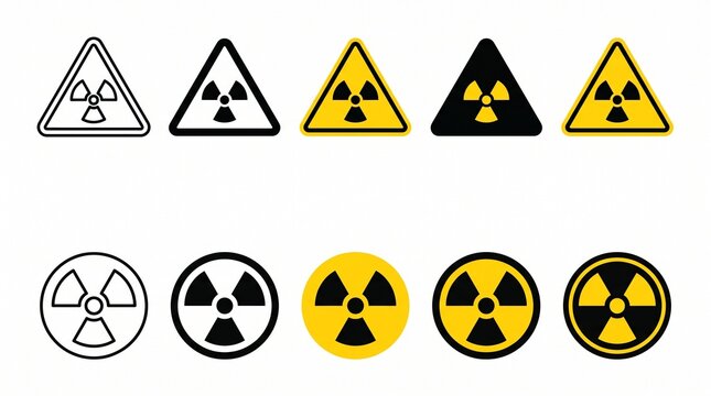 Create a premium radiation hazard warning icon collection featuring 10 universally recognized radioactive warning symbols in a clean, modern flat vector style. Design each icon with precise geometric 