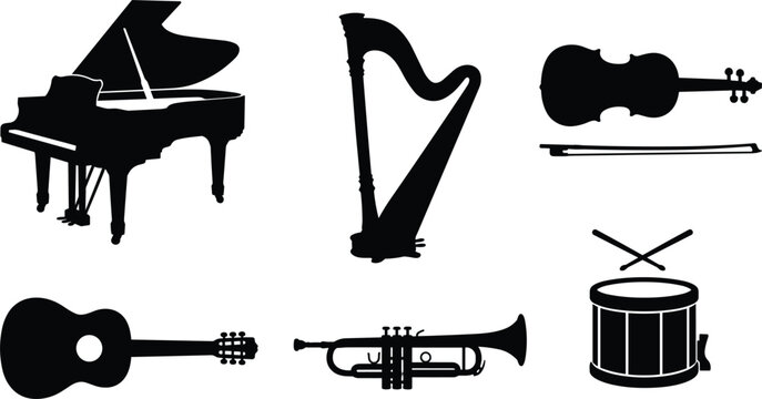 Classical musical instruments vector icon set featuring black solid silhouette piano harp violin acoustic guitar trumpet and drum isolated on white background (21 words)