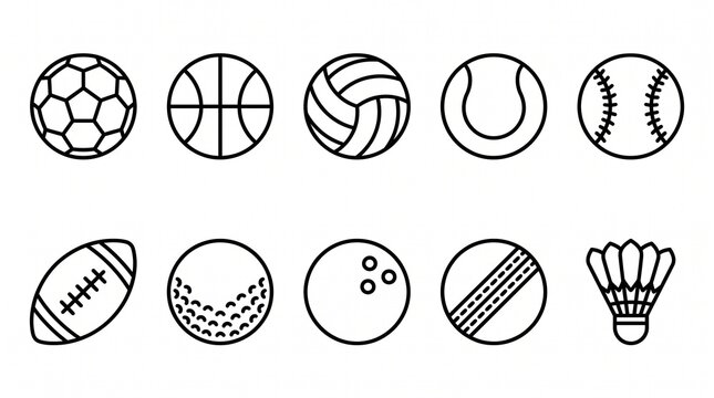 Create a premium sports ball icon collection featuring 10 clean minimalist outline vector icons representing the world's most popular sports equipment. Design each icon using smooth black outline stro