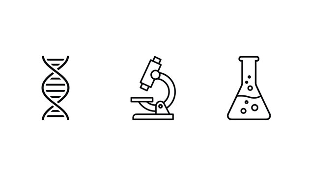 Minimal science line icons featuring a DNA helix, a laboratory microscope, and a glass chemistry flask with liquid.
