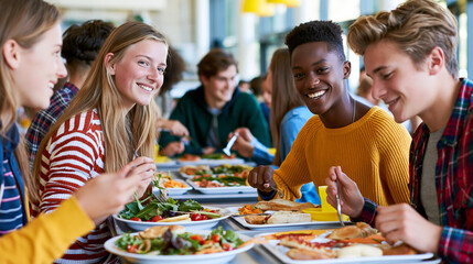 Obraz premium Diverse students eating in school cafeteria. Happy teenagers having lunch at high school.