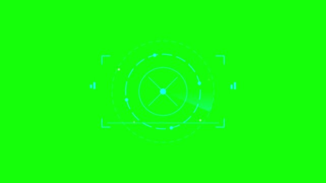 Targeting reticle appears on a bright green digital screen to indicate focus or tracking of a specific object.