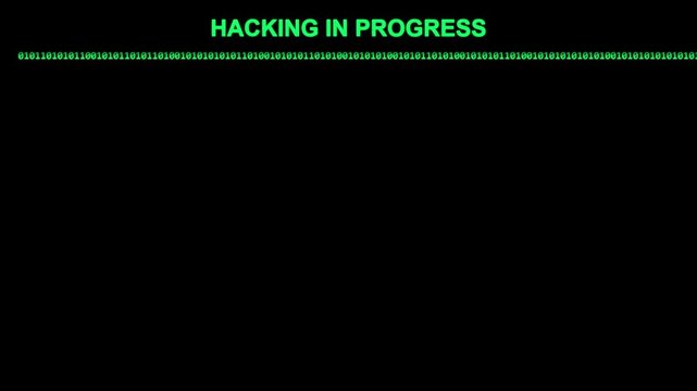 Hacking text appears on a dark screen as a digital warning to indicate that unauthorized access is currently in progress.