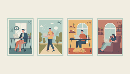 Fototapeta premium Set of illustrations depicting people working remotely on laptops in different comfortable environments